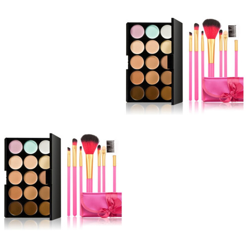2pcs 15 Colors Face Cream Makeup Concealer With 7pcs Pink Brushes 2