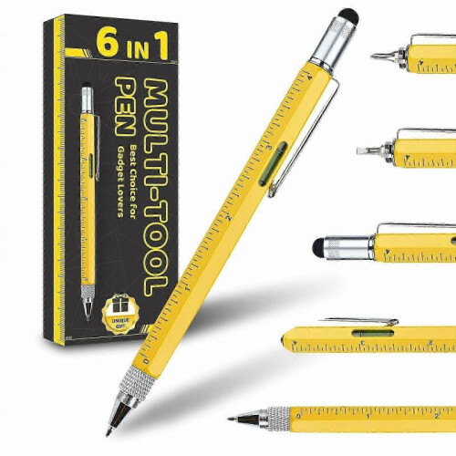 (Yellow)6-In-1 Multitool Pen: Stylus, Ruler, Level, Screwdriver - Perfect Gift With Refills