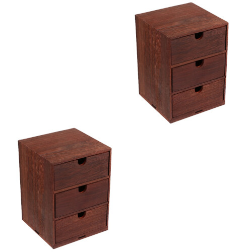 2 Pcs Desktop Storage Box Vintage Wooden Organizer Four-Layer 2