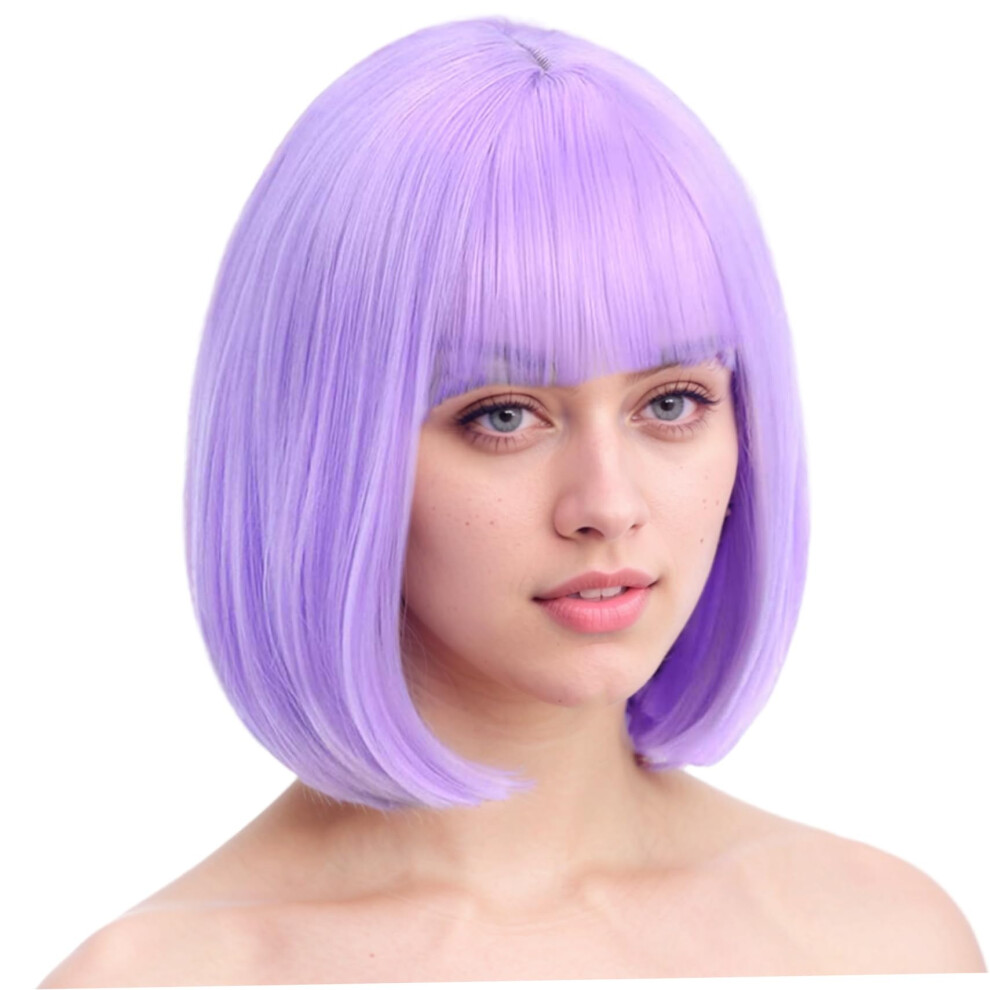 Unisex Purple Short Wigs 12-Inch Natural-Looking High-Temperature Silk Wig With Bangs For Women And Girls Cosplay Party Toys