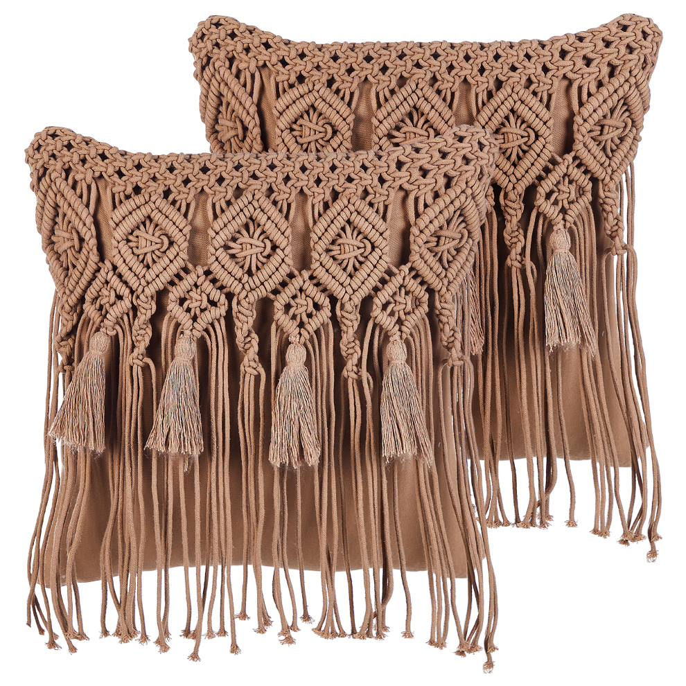 Set of 2 Decorative Cushions BAMIAN Cotton 45 x 45 cm Light Brown Geometric Pattern