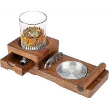 Cigar Ashtray Coaster Whiskey Glass Tray Wooden Ash Tray with Cigar Cutter