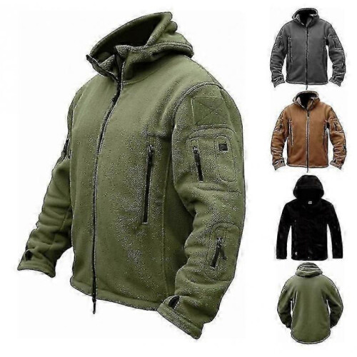 (M,Khaki)Men's Tactical Fleece Jacket Warm Military Hooded Combat