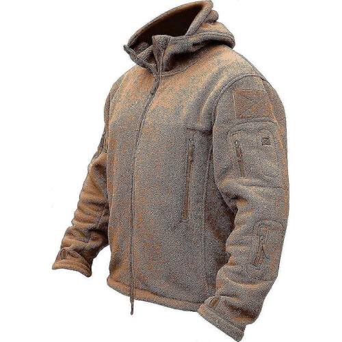 (M,Khaki)Men's Tactical Fleece Jacket Warm Military Hooded Combat 1