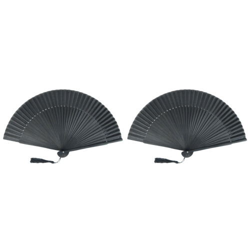 2Pcs Men Black Foldable Bamboo Fan With Fabric, Chinese Style Handheld 1