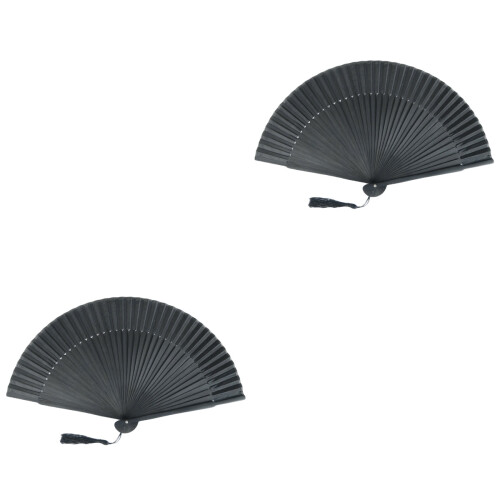 2Pcs Men Black Foldable Bamboo Fan With Fabric, Chinese Style Handheld 2