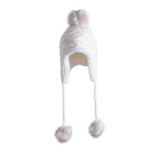 3pcs Winter Warm Knit Wool Hat Ball Ear Flap With Pom - S (White)