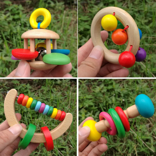 Colorful Solid Wood Baby Rattle with Easy Grip for Early Learning 2