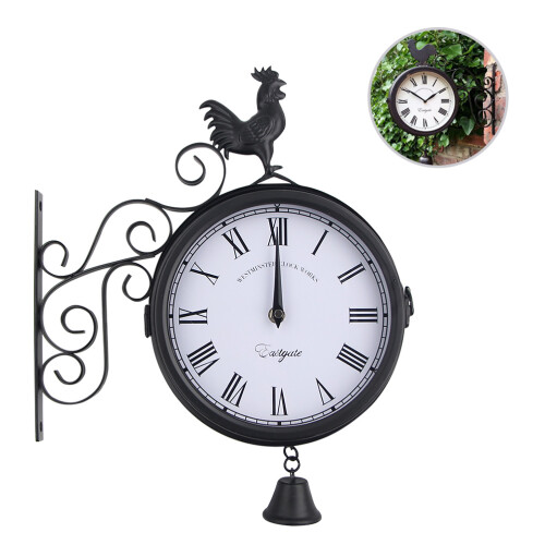 Outdoor Wrought Iron Wall Clock Garden Double Sided Bell Shape Black 2