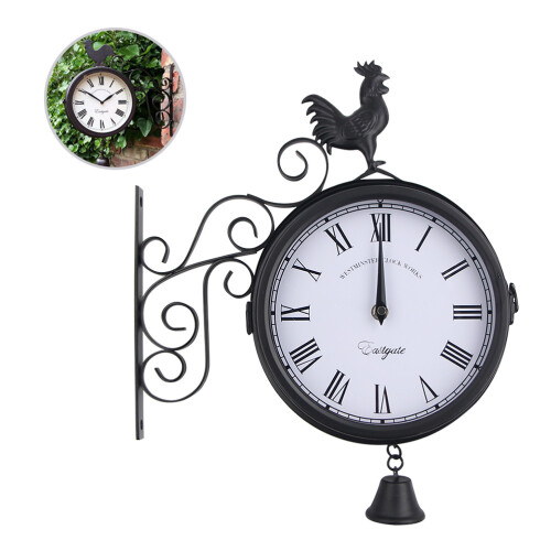 Outdoor Wrought Iron Wall Clock Garden Double Sided Bell Shape Black