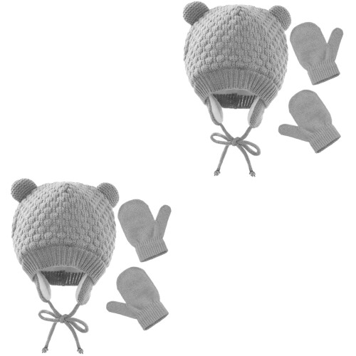 2 Sets Kids Winter Windproof Knitted Hat And Gloves 2