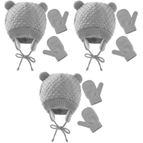 3 Sets Kids Winter Windproof Knit Hat And Gloves 2