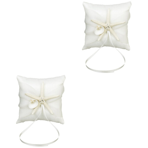 2Pcs 10X10Cm Beach Wedding Ring Bearer Pillow Shell With Satin Ribbons 2