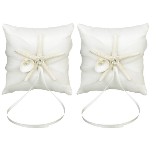 2Pcs 10X10Cm Beach Wedding Ring Bearer Pillow Shell With Satin Ribbons 1