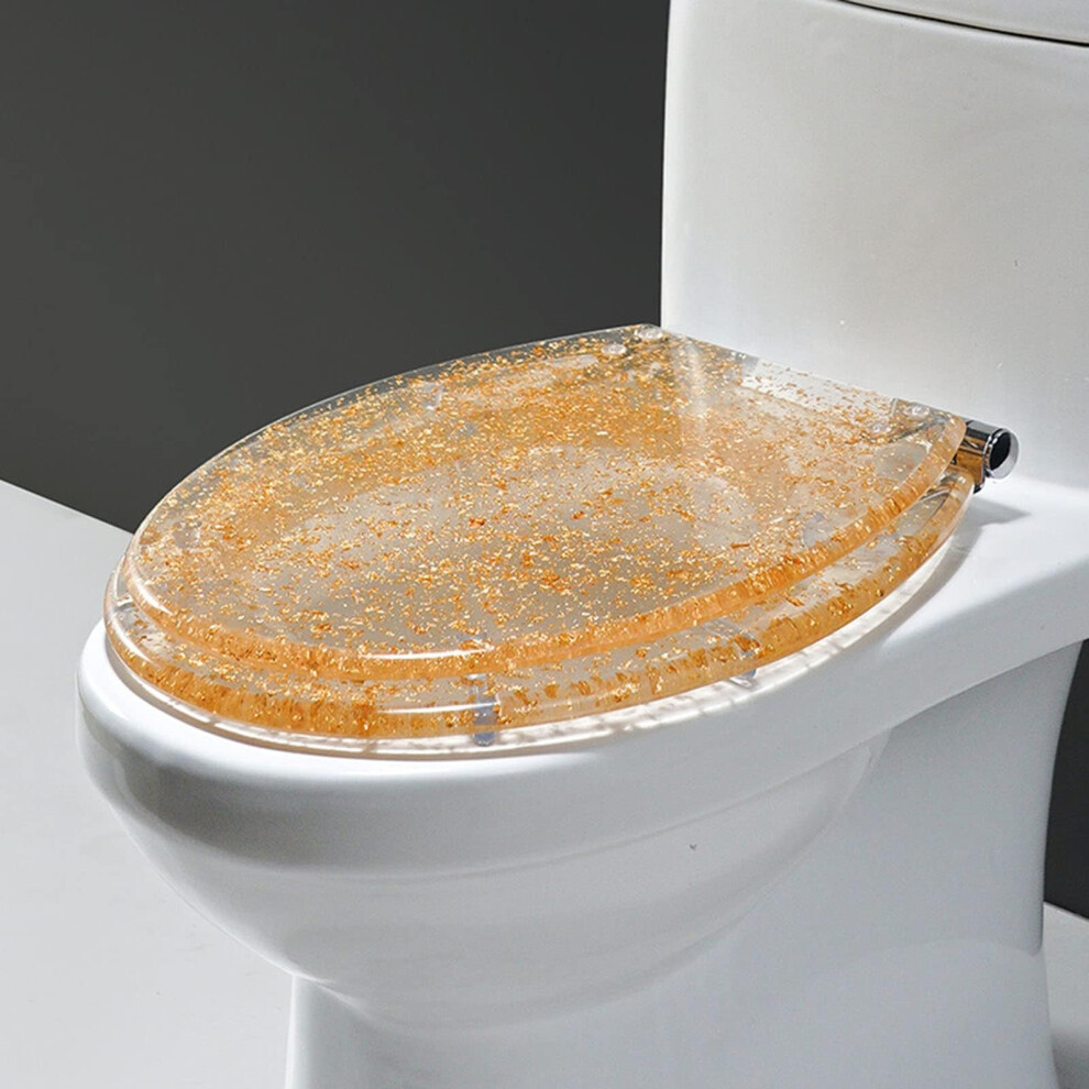 Resin Toilet Seat Glitter Soft-Close Quick-Release, Heavy-Duty Acrylic Glitter Cover, 36 X 42 Cm, Gold Foil Finish 9016109235480