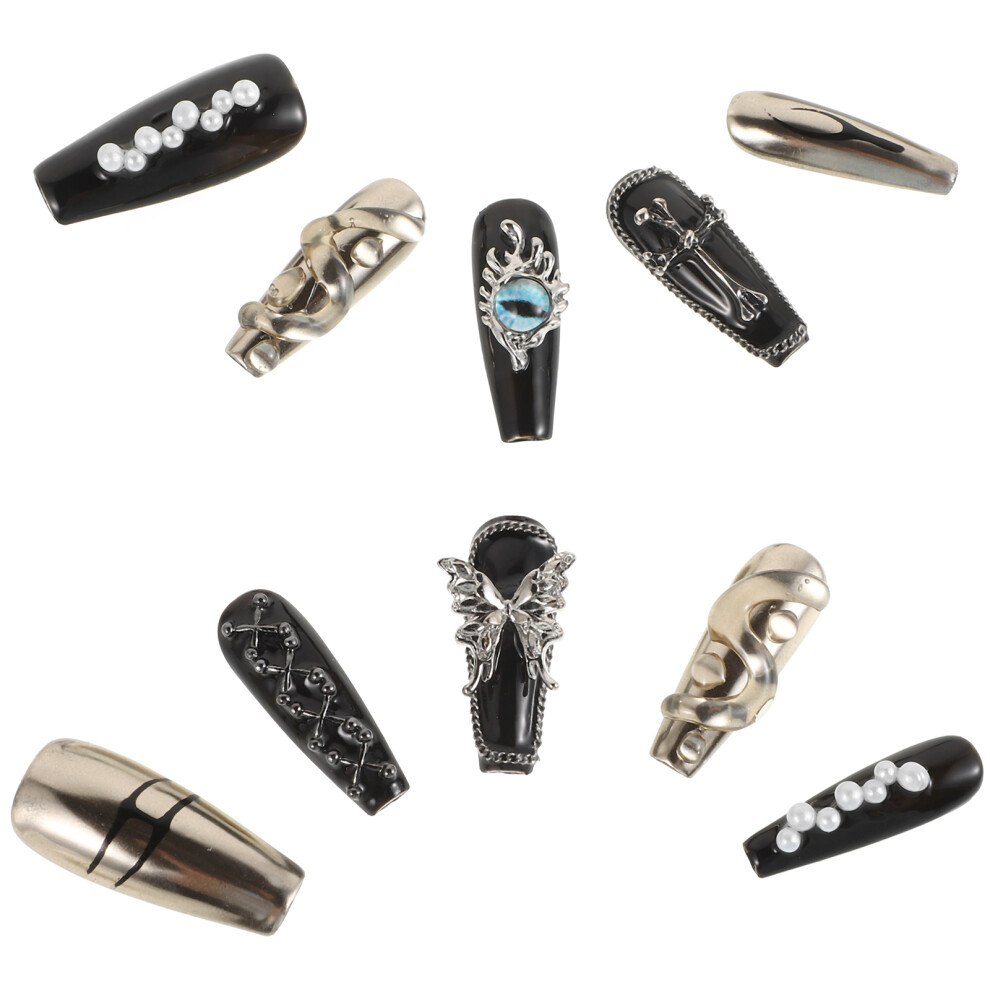 Aboofan Black 10Pcs Halloween Cross Butterfly Press On Long Artificial Nails For Women