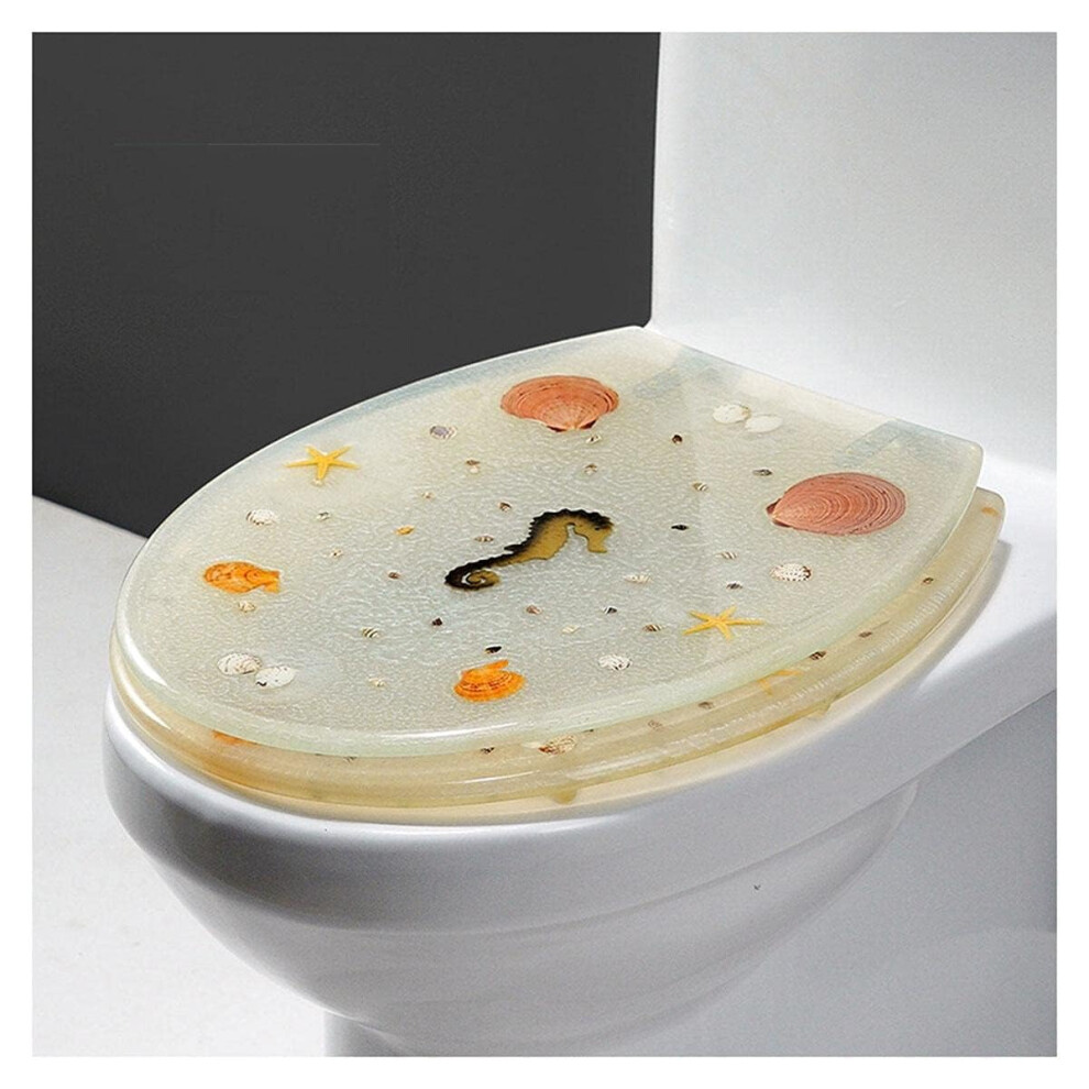 Ocean Series Art Slow Close Resin Toilet Seat With Cover, 3D Dolphin Starfish Seashells & Sands, Uvo I-Closed Color G 9393856140107
