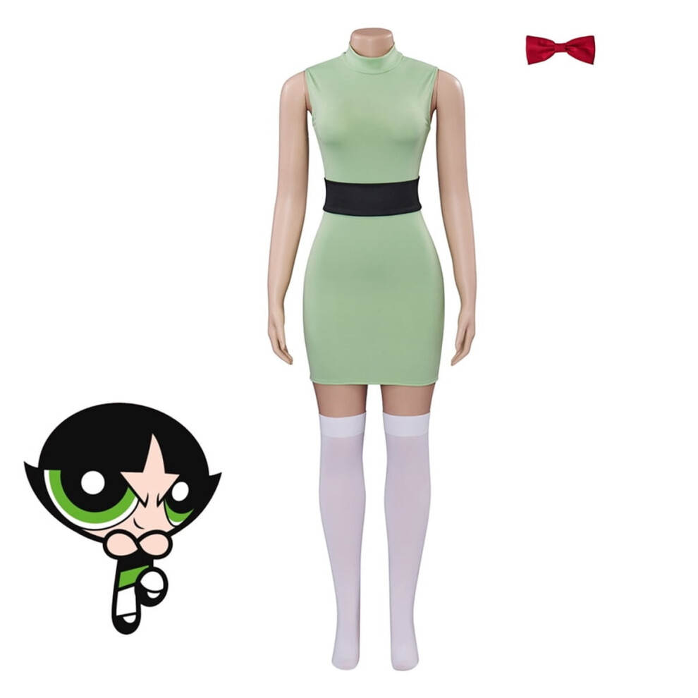 ( Green, XXL) Women Powerpuff Girls Dress Set Blossom Buttercup Bubbles Dress With Belt Set Halloween Fancy Dress