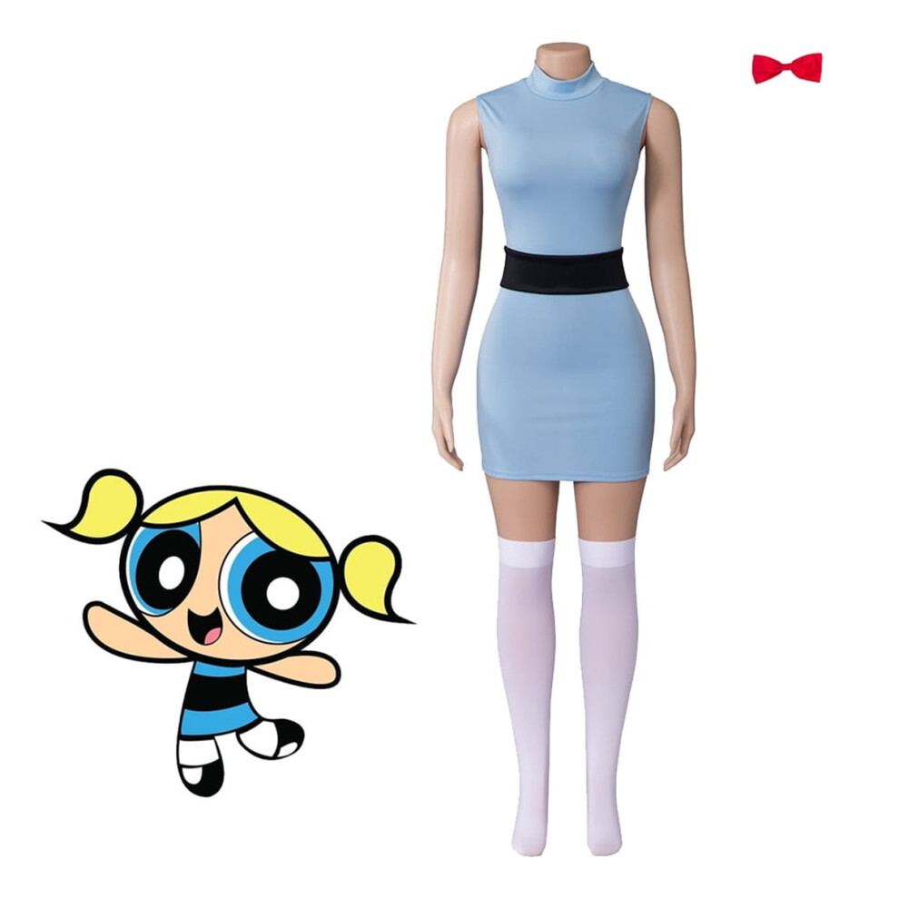 (, Xxxl) Women Powerpuff Girls Dress Set Blossom Buttercup Bubbles Dress With Belt Set Halloween Fancy Dress Blue