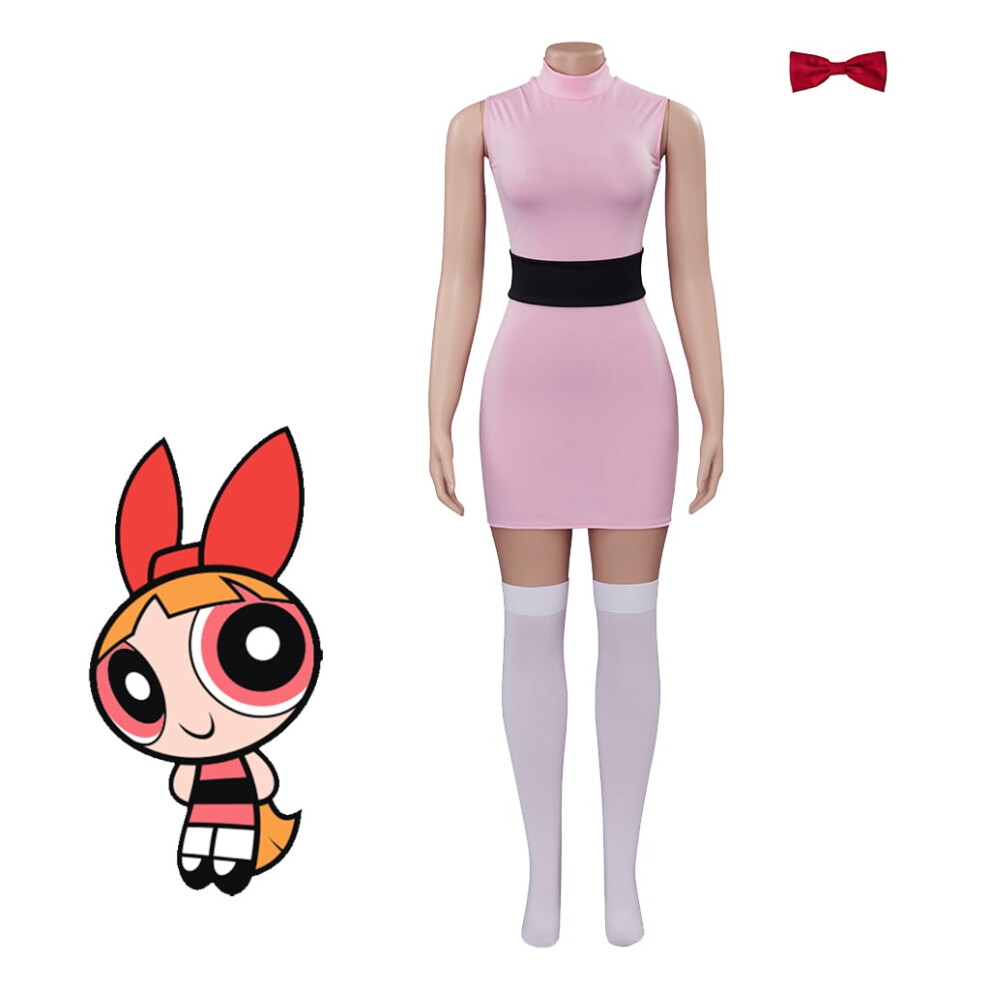 (Pink, S) Women Powerpuff Girls Dress Set Blossom Buttercup Bubbles Dress With Belt Set Halloween Fancy Dress