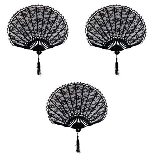 3Pcs Noble Ancient Elegant Lace Bamboo Folding Fan Black 2
