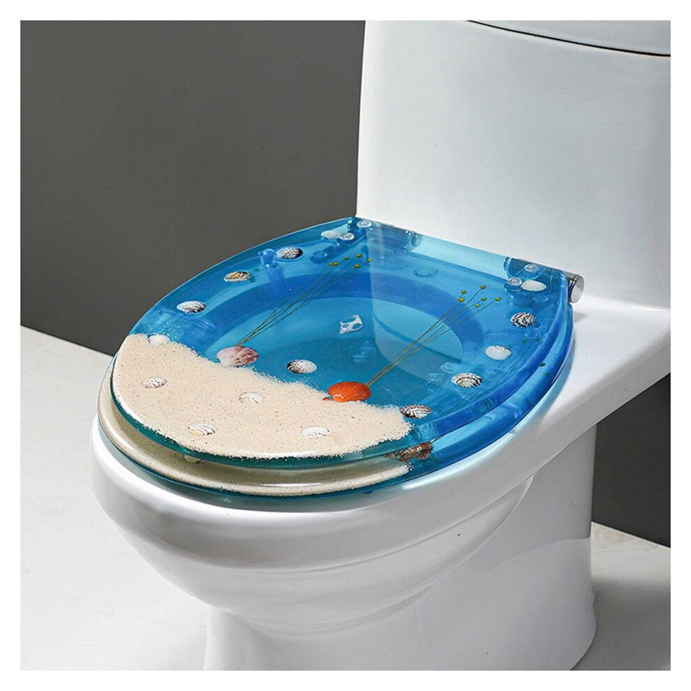 Ocean Series Art Slow Close Resin Toilet Seat For U, V, O Type Toilets With Cover, 3D Dolphin Real Seashells And Sands 9084446240528