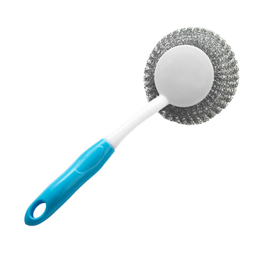 (Blue) Kitchen Steel Scrubber Long Handle Wire Cleaner Blue