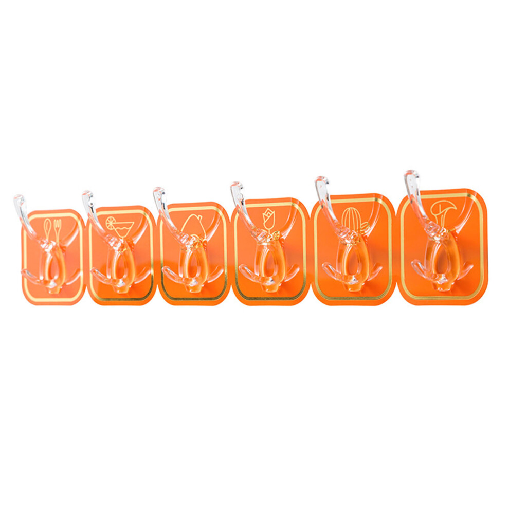 (Orange) 6Pcs Acrylic Adhesive Hooks Wall Mount Traceless Orange 609610729716