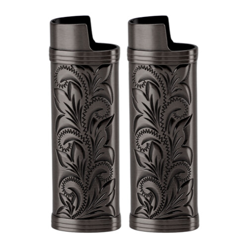 (Bronze) 2Pcs Zinc Alloy Lighter Case Floral Pattern Black