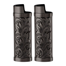 (Black) 2Pcs Zinc Alloy Lighter Case Floral Pattern Black