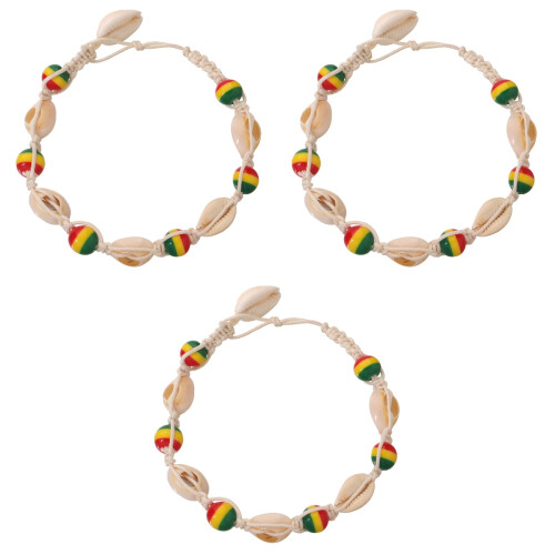 3Stk Multicolor Holzperlen Fußkettchen, Muschel Strick, 2