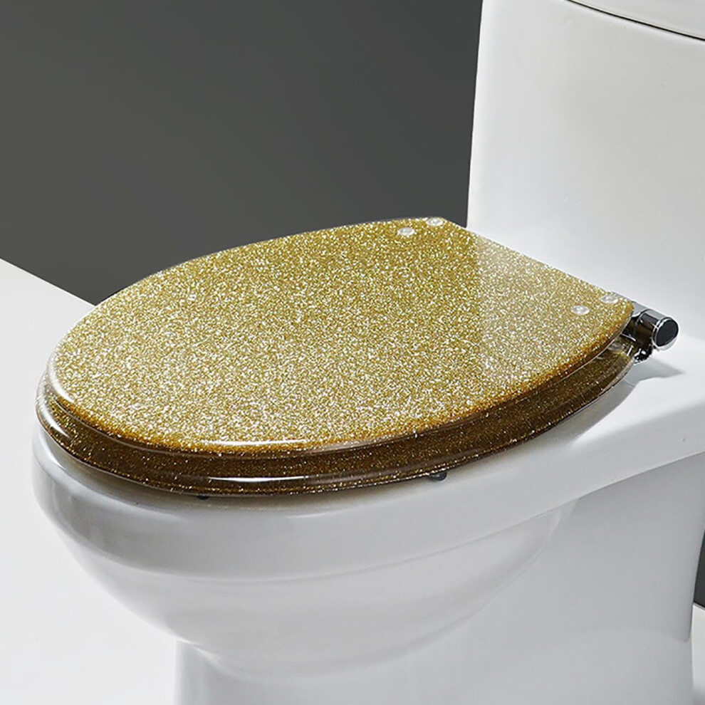 Glitter Oval Toilet Seat 16.5 Inch Adjustable Hinge Quick Release Non Slip Bumpers Slow Close Lid Safe Resin Gold Finish 9354506099923