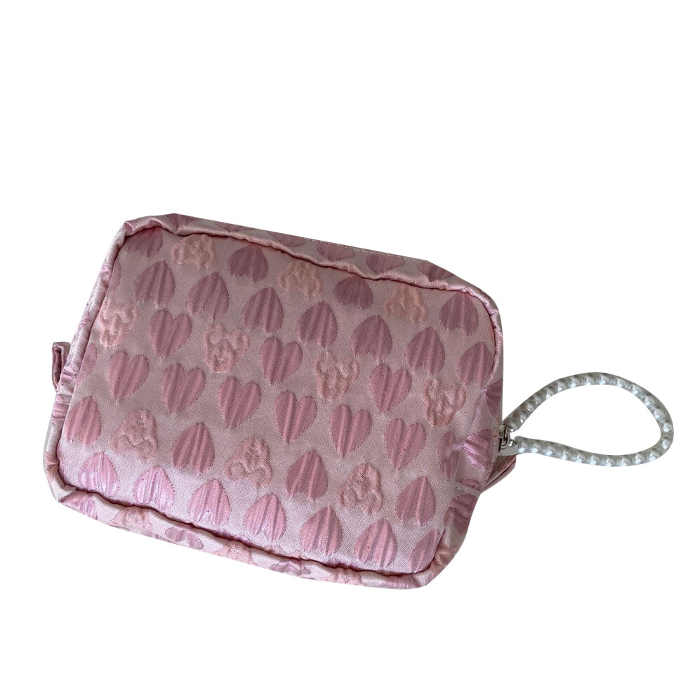 (Embossed Heart) Pearl Pendant Cosmetic Bag Large Capacity Travel Makeup Bag