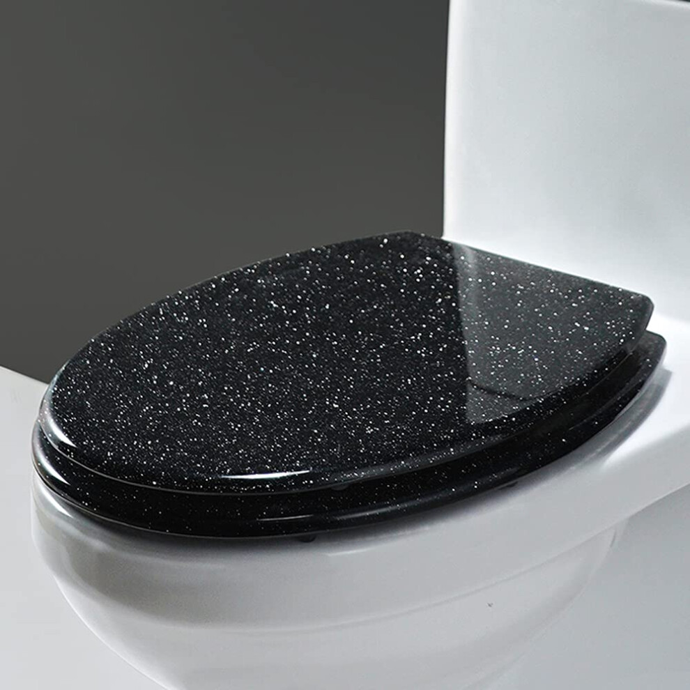 Glitter Toilet Seat Elongated Soft-Close Lid Non-Slip Bumpers Easy To Clean Black Sparkle Design 9084446246100