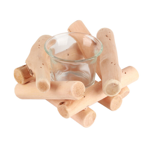 Handmade Wooden Tea Light Candle Holder with Glass Cup Rustic Decor