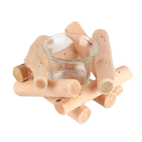 Handmade Wooden Tea Light Candle Holder with Glass Cup Rustic Decor 1