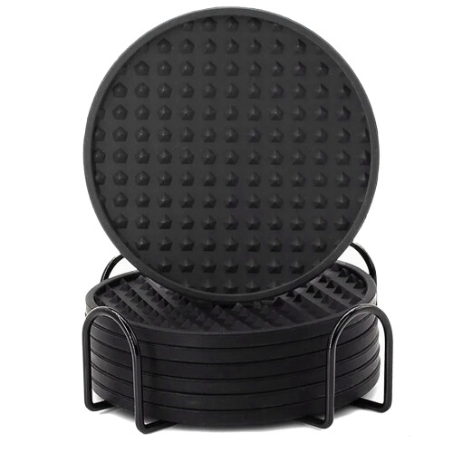 Conjunto de 7 porta-copos de silicone preto com suporte. 1