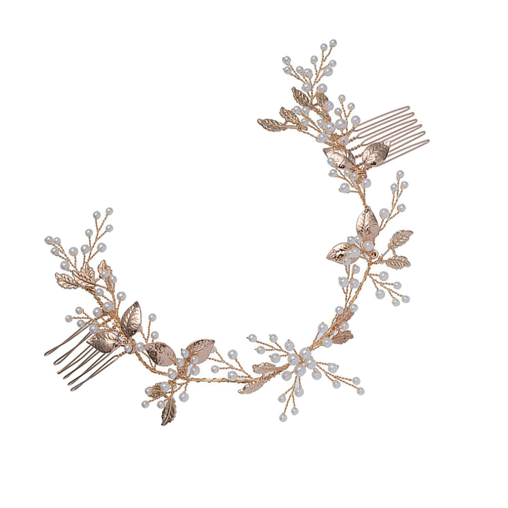 Totority Unisex Golden Baroque Hair Comb With Lifelike Leaves And Artificial Pearls
