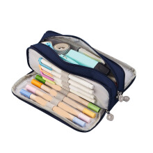 (Black) Pencil Pouch 3 Compartments Large Capacity Double Opening Navy Blue