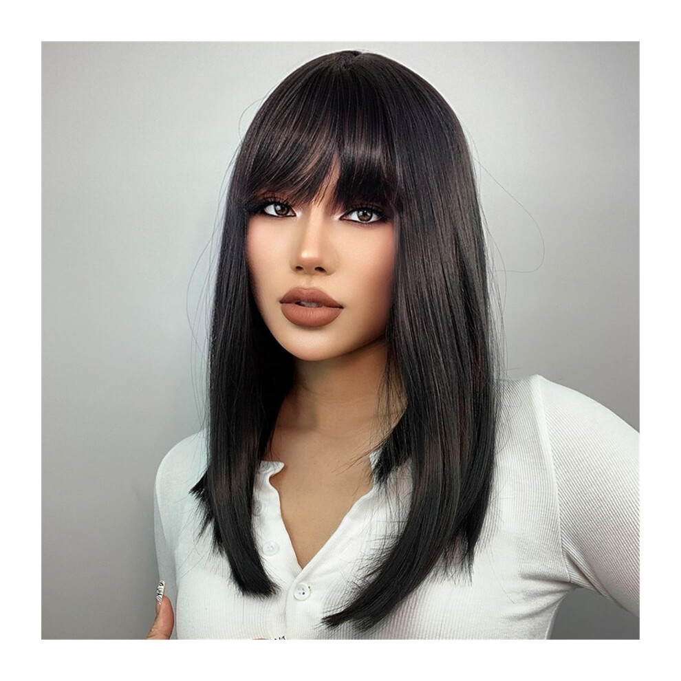 Unisex Black Women Wigs Natural Medium Straight Bob Wig With Bangs, Heat Resistant Fibre, Cosplay Lolita Style