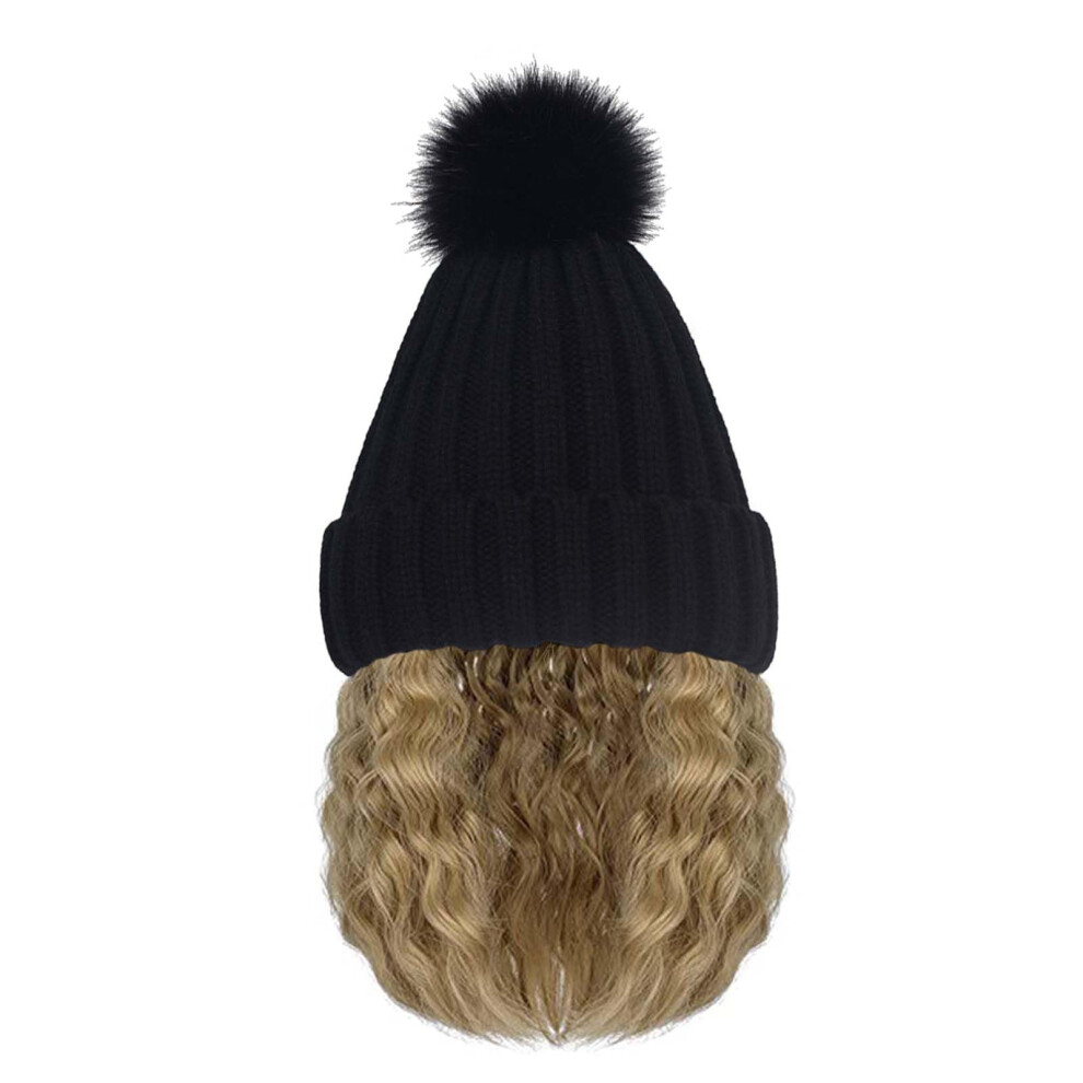 Beanie Hat Wig Winter Warm Knitted Black With Bob Curly Wavy Hair Extension Synthetic Hairpiece P613