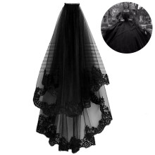 Black Two Layers Wedding Veil with Comb Lace Tulle Short Bridal