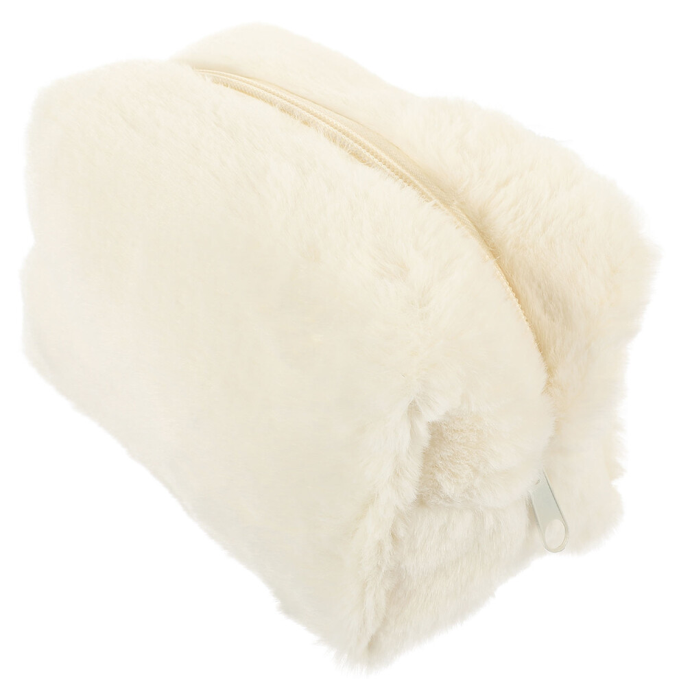 Solustre White 2Pcs Plush Makeup Bag Travel Toiletry Storage Pouch