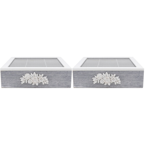 2 Pcs Wooden Compartment Storage Box Rose Carved Tea Container 1