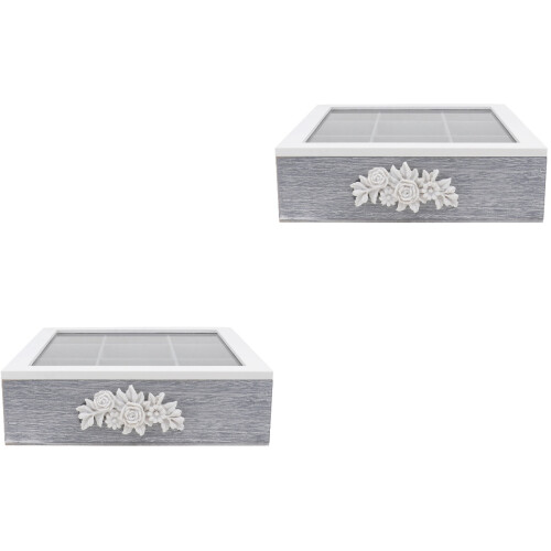 2 Pcs Wooden Compartment Storage Box Rose Carved Tea Container 2