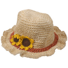 Girls Straw Hat With Pumpkin Decor Adjustable Wide Brim Khaki