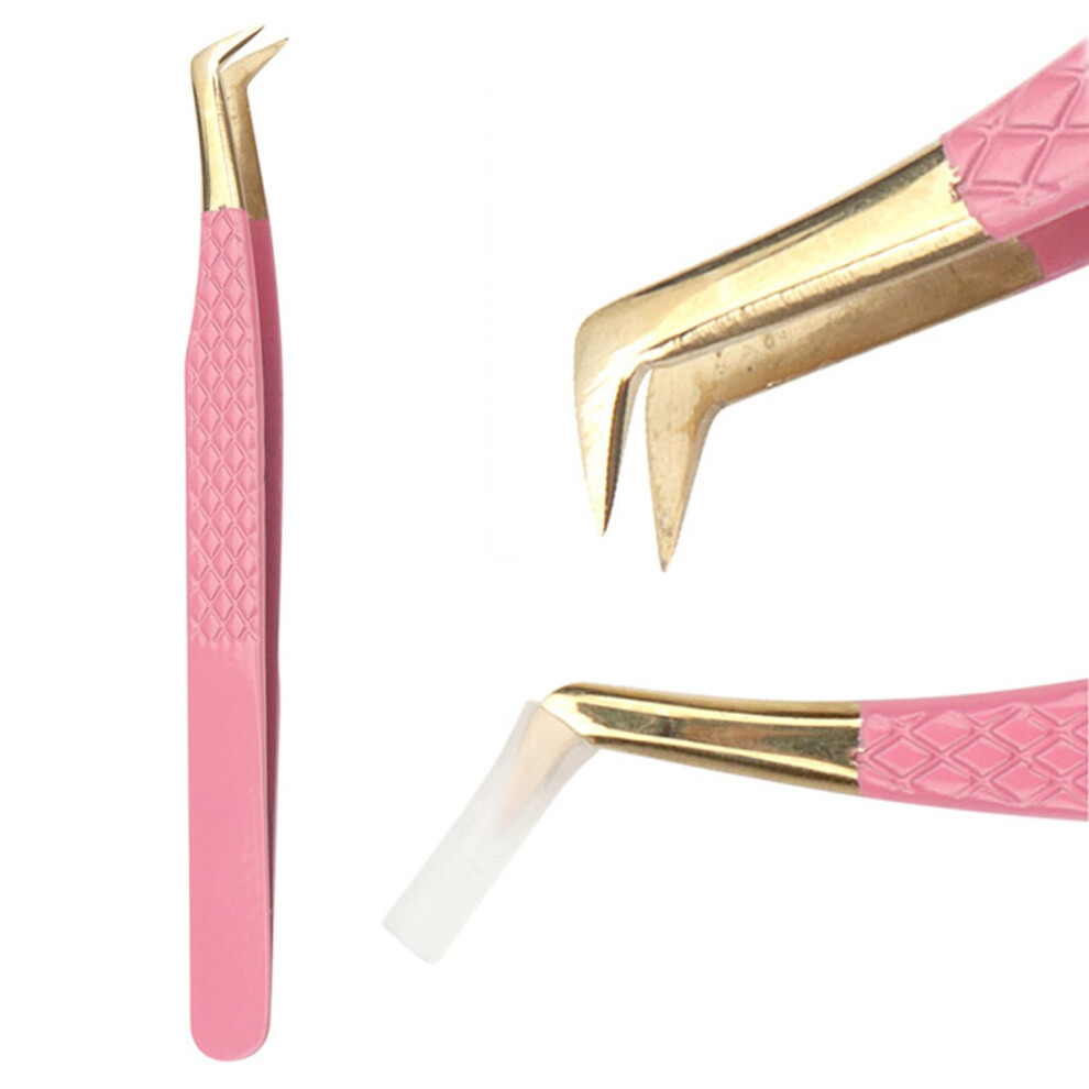 Pink Stainless Steel Lash Tweezers For Eyelash Extensions High Precision Curved Tip Angled Tweezers