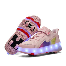 Kids Roller Skates USB Chargeable Double Row 4-Wheel Upgraded LED Strips Light-Up Shoes Pink UK 5.5