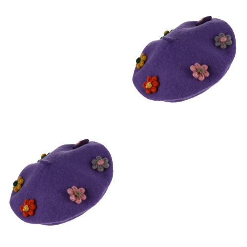 2 Pcs Wool Beret Child Flower Design Beanie Hat Woollen 2