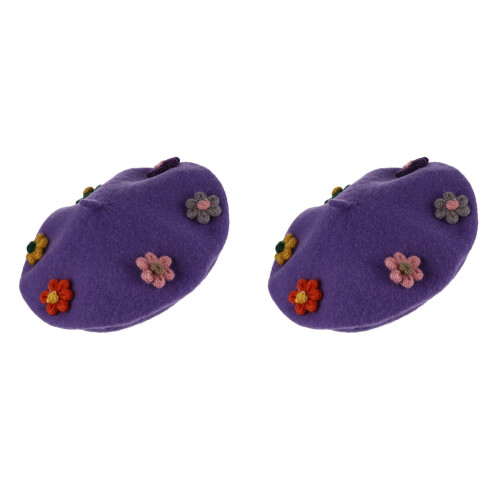 2 Pcs Wool Beret Child Flower Design Beanie Hat Woollen 1